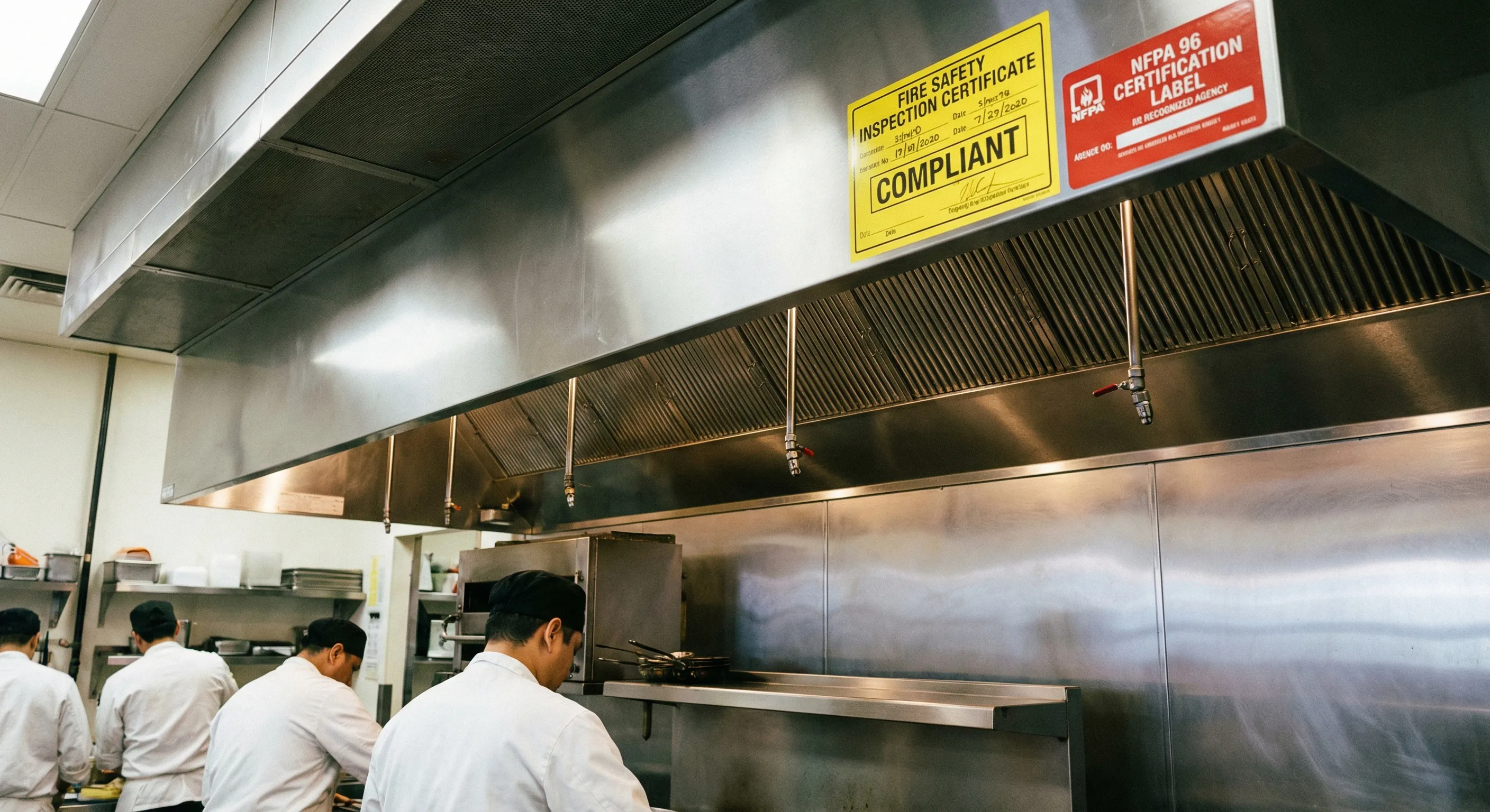 Commercial kitchen hood with compliance inspection sticker